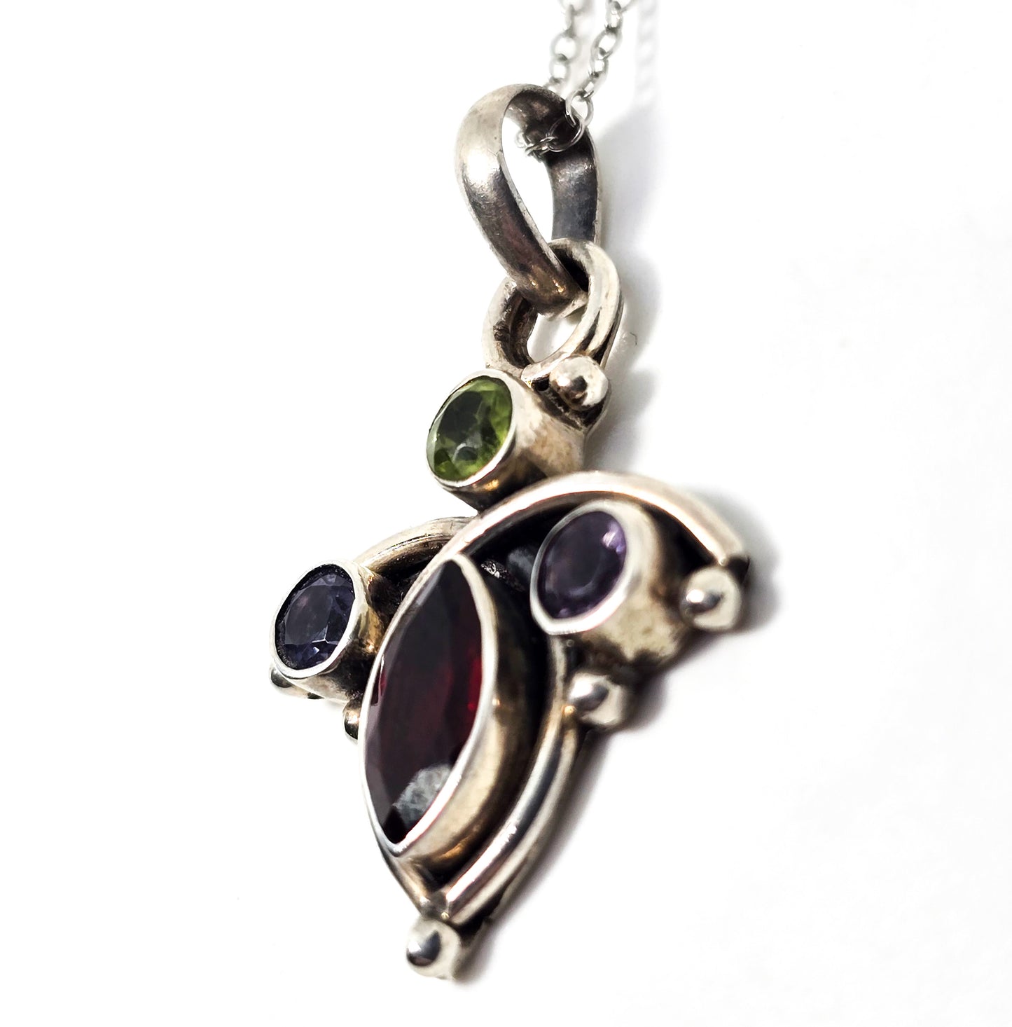 Multi gemstone butterfly garnet amethyst peridot tanzanite sterling silver necklace