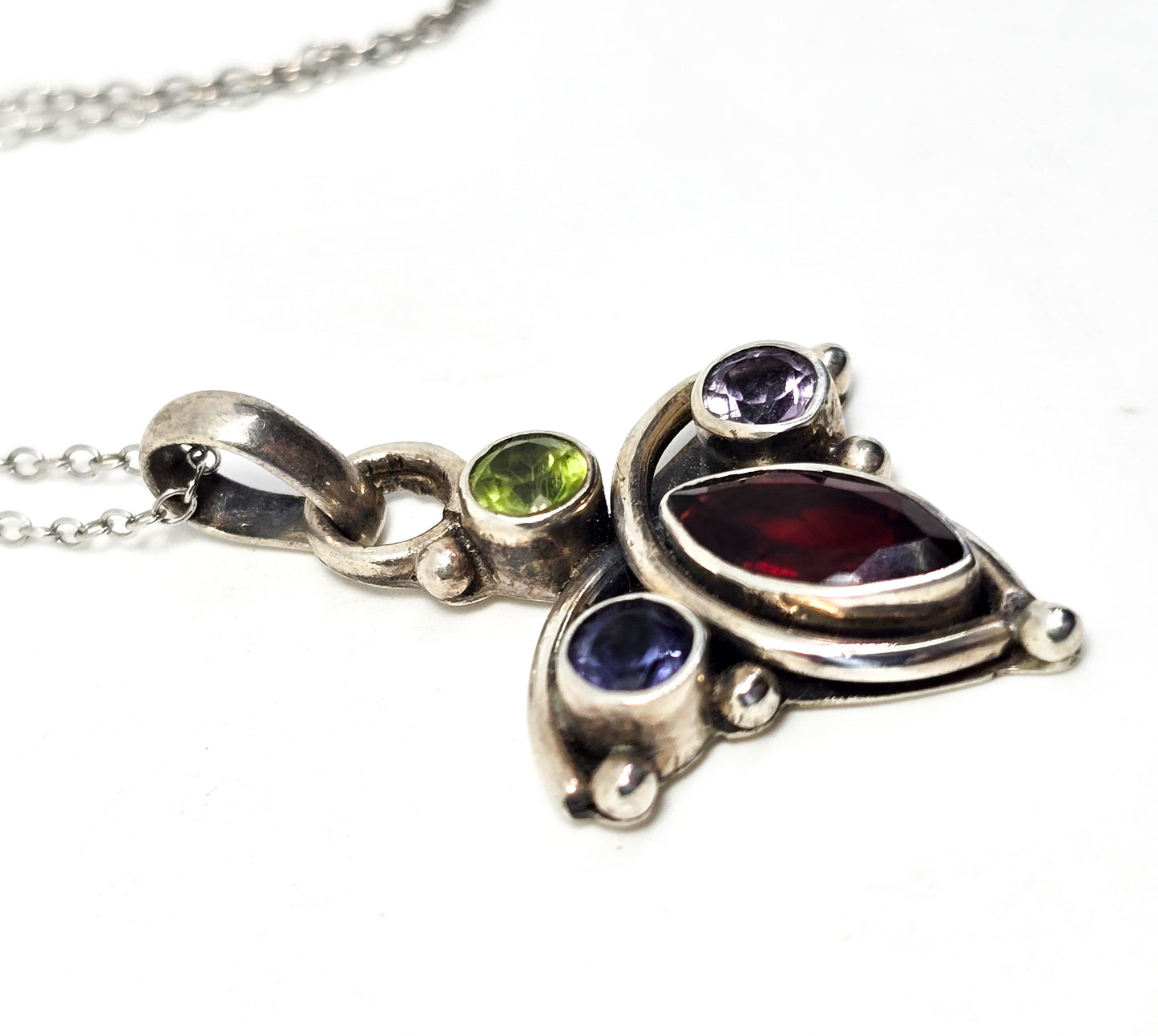 Multi gemstone butterfly garnet amethyst peridot tanzanite sterling silver necklace