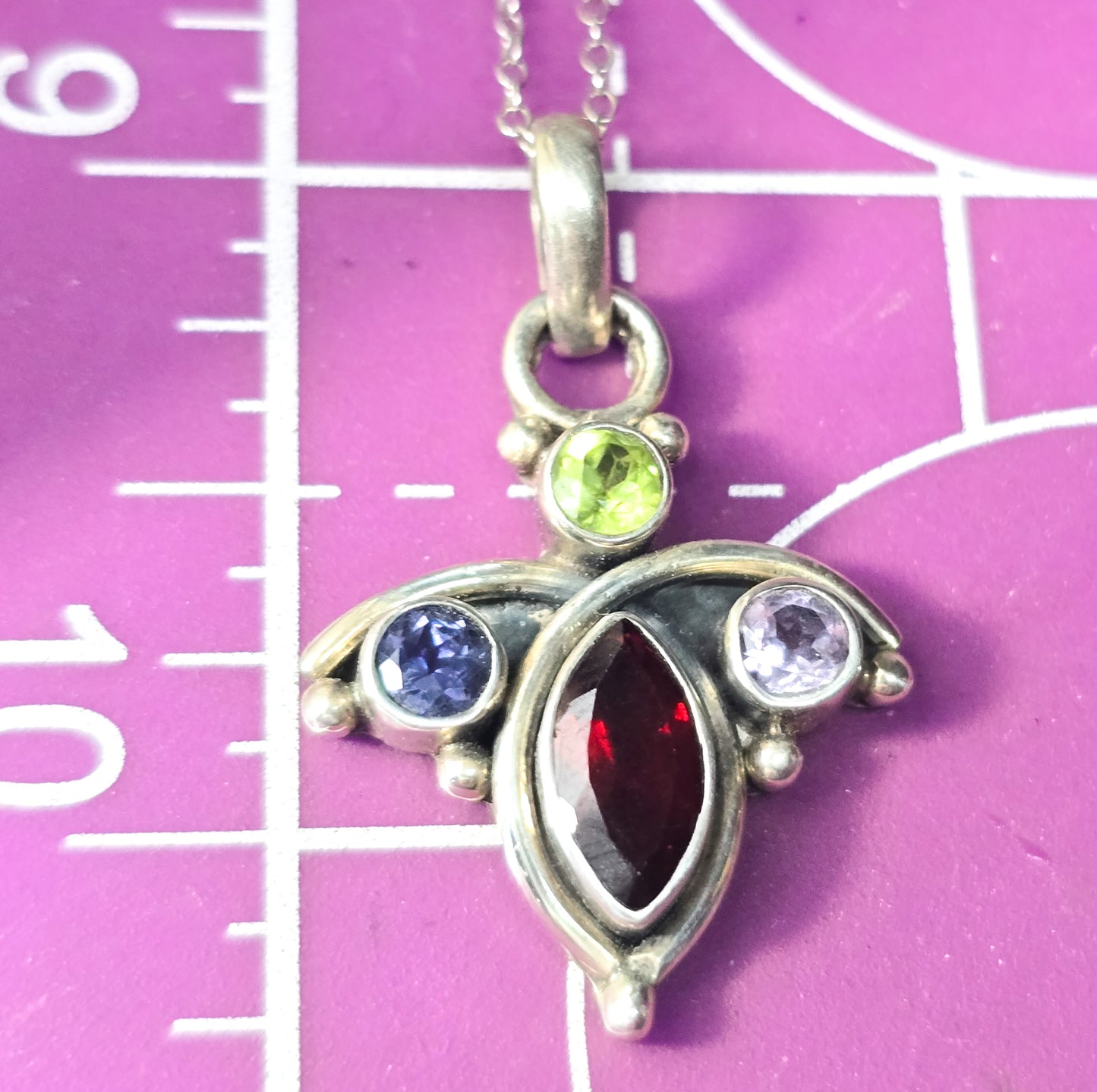 Multi gemstone butterfly garnet amethyst peridot tanzanite sterling silver necklace