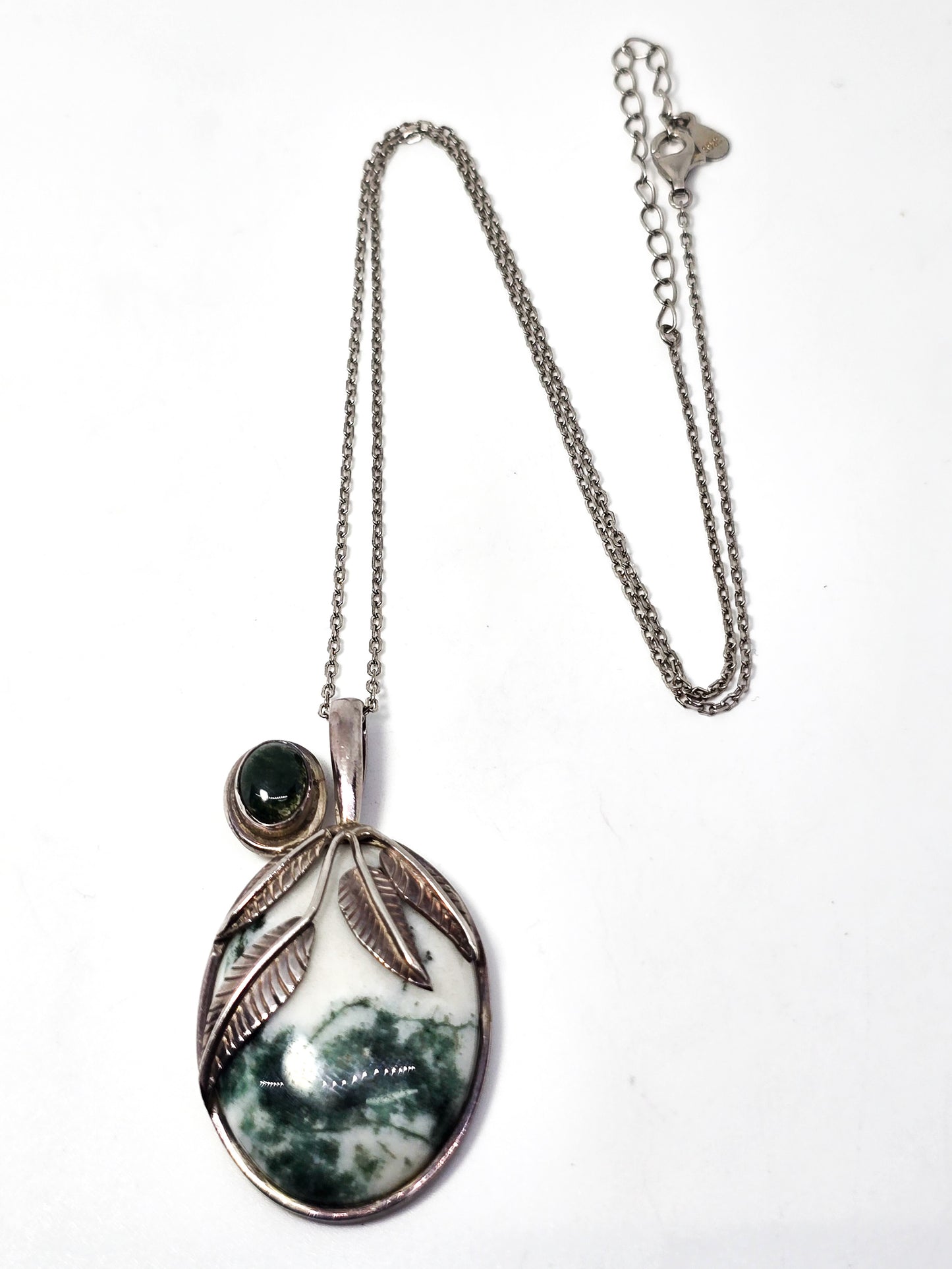 Sajen Moss agate and tree agate green double gemstone sterling silver pendant necklace