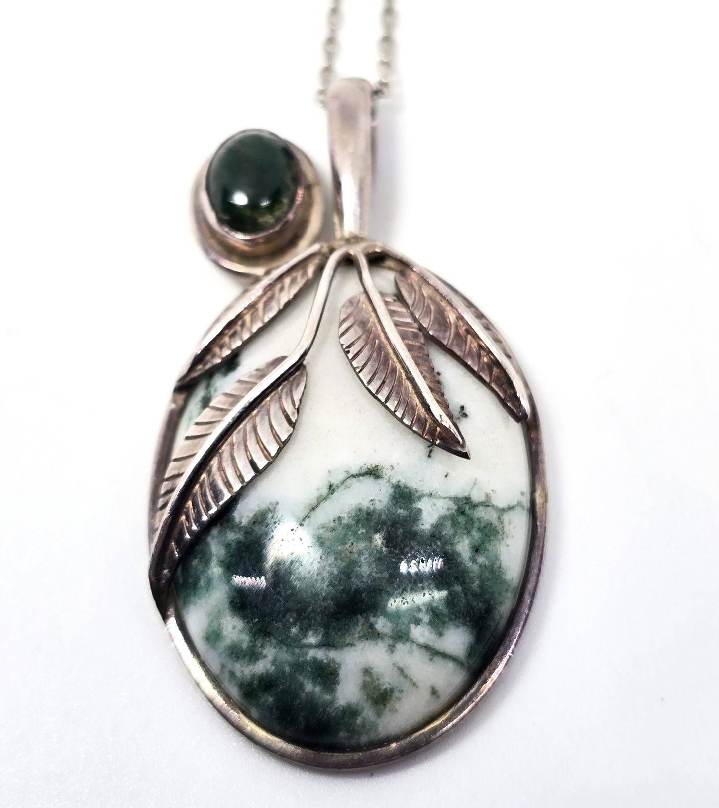 Sajen Moss agate and tree agate green double gemstone sterling silver pendant necklace