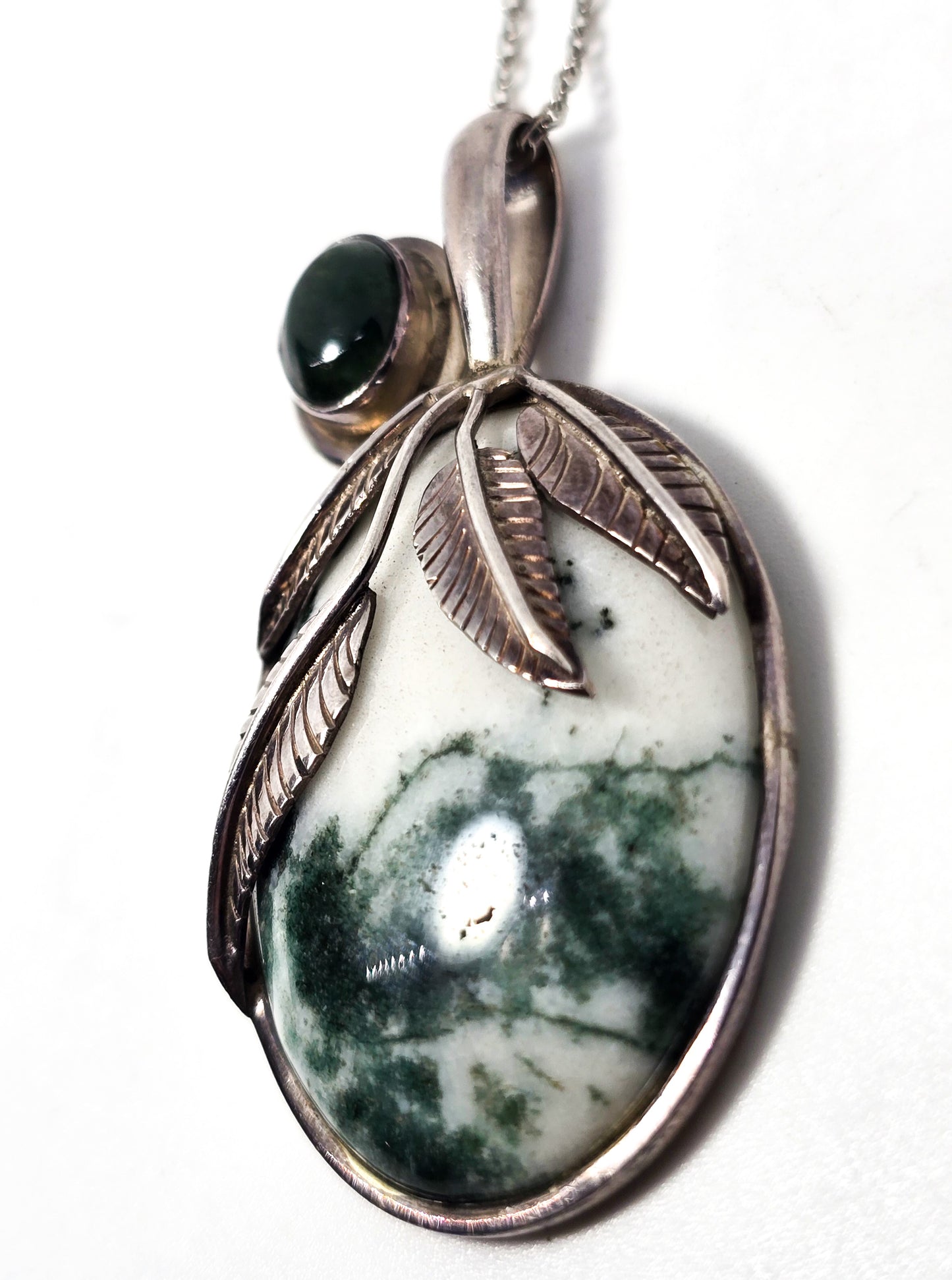 Sajen Moss agate and tree agate green double gemstone sterling silver pendant necklace