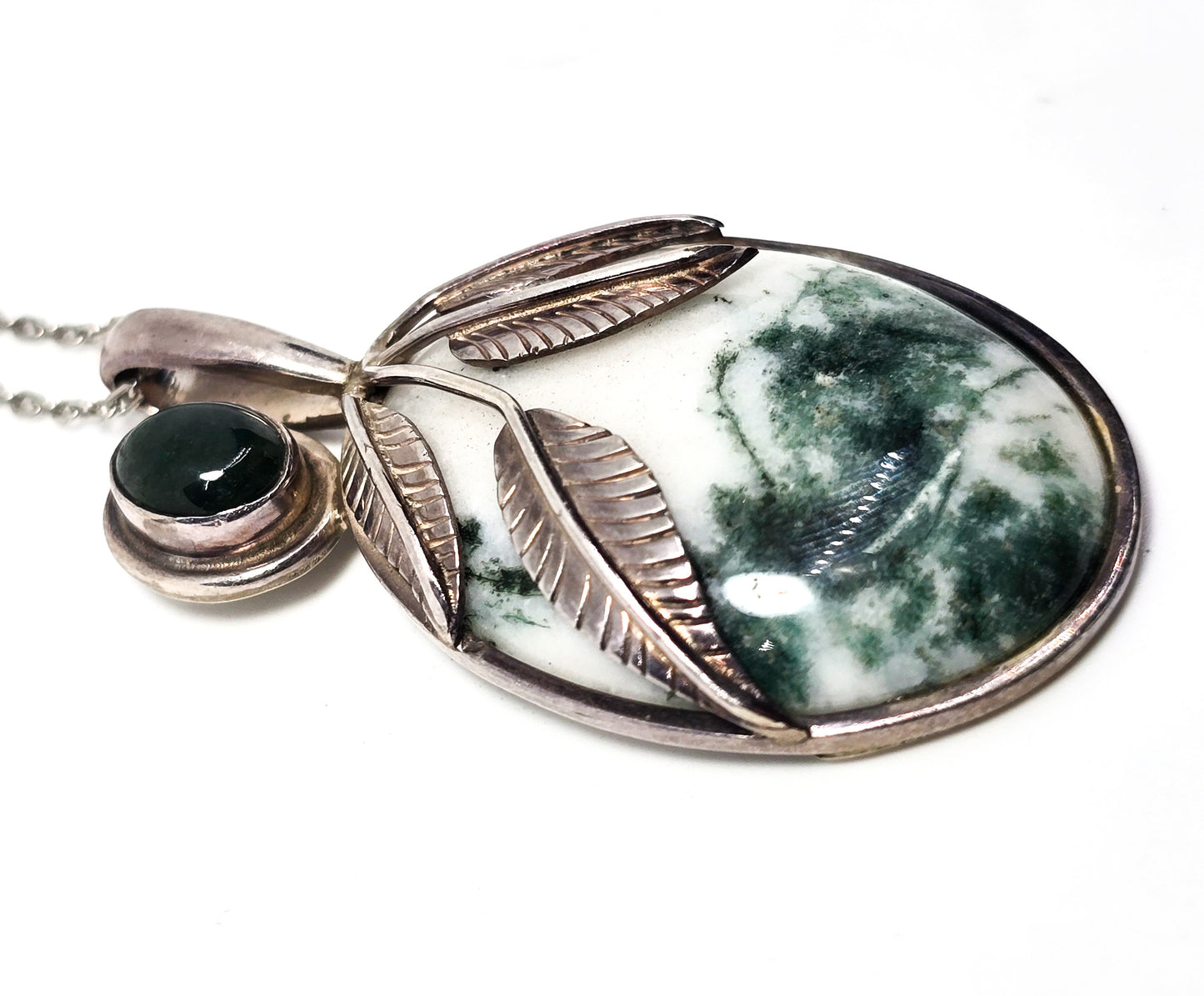 Sajen Moss agate and tree agate green double gemstone sterling silver pendant necklace