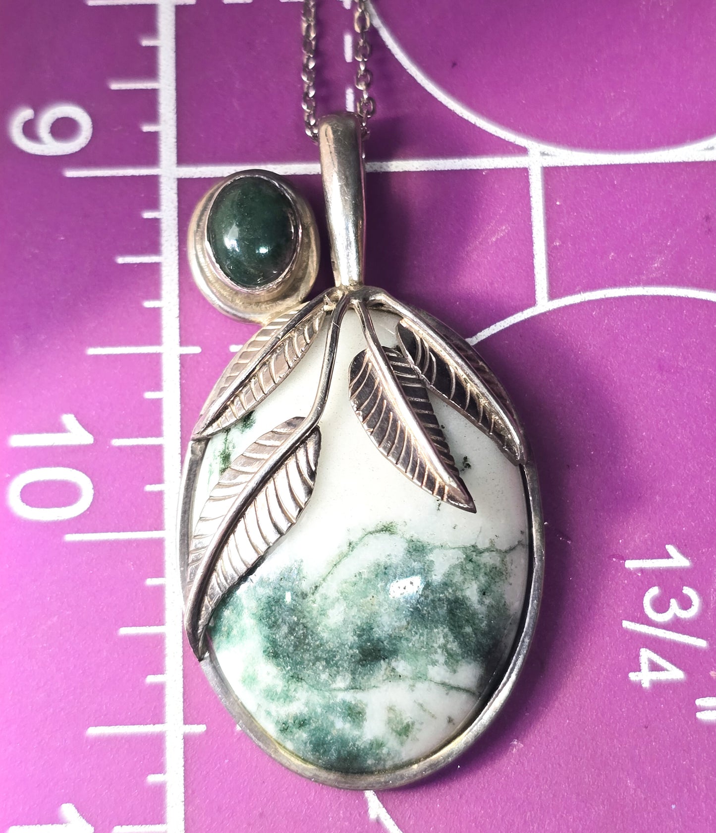 Sajen Moss agate and tree agate green double gemstone sterling silver pendant necklace