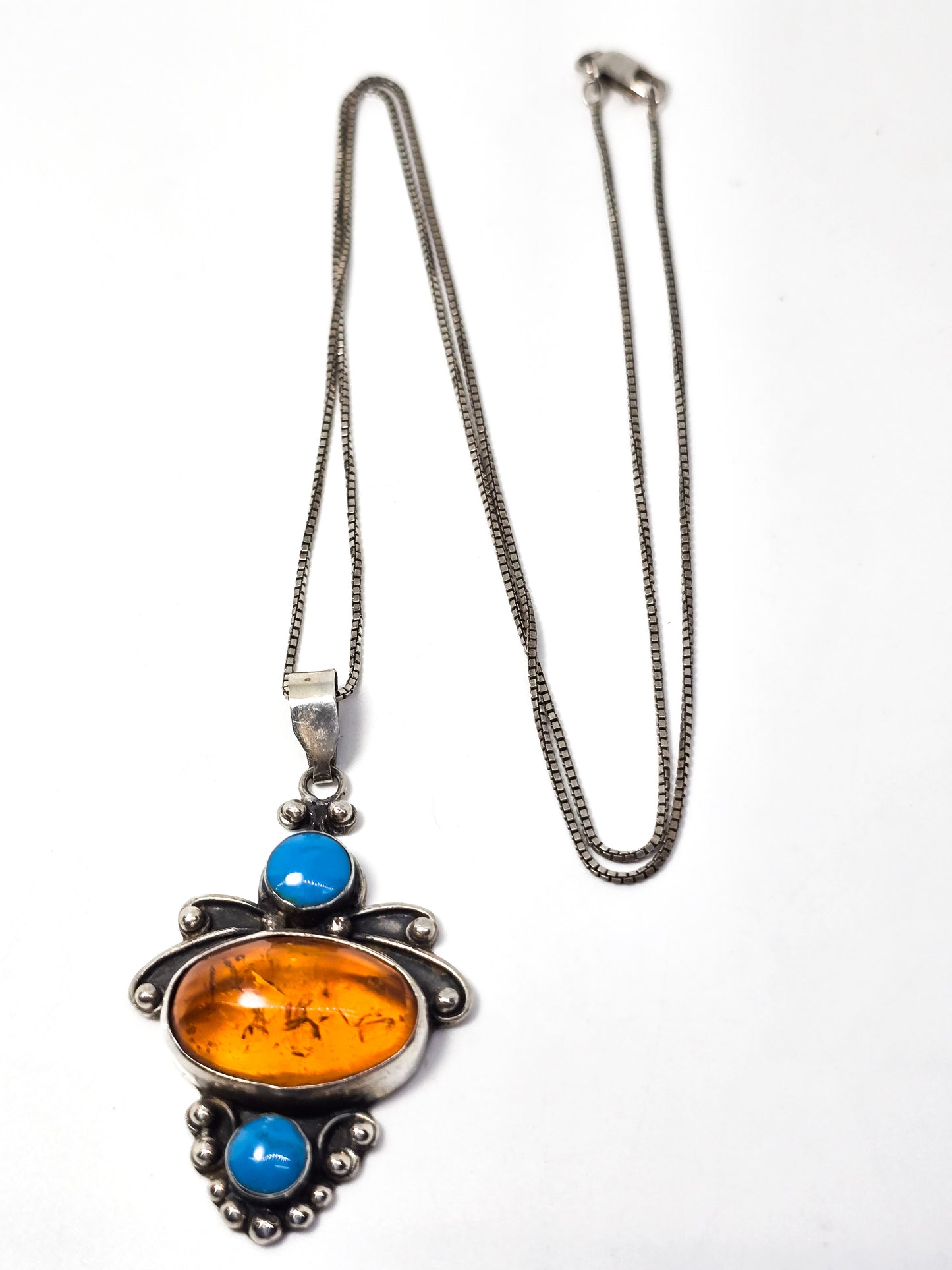 Turquoise and amber vintage tribal gemstone sterling silver pendant necklace