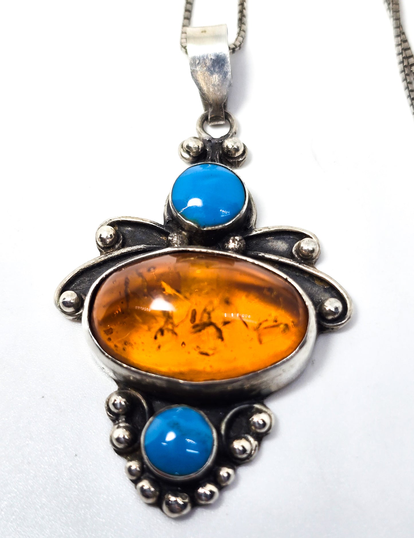 Turquoise and amber vintage tribal gemstone sterling silver pendant necklace