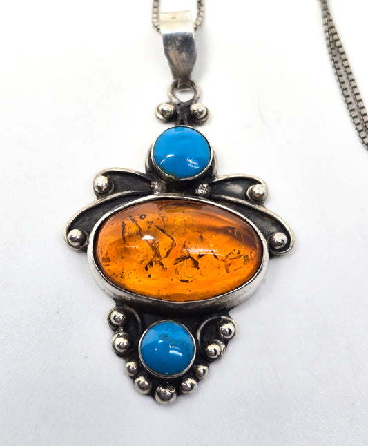 Turquoise and amber vintage tribal gemstone sterling silver pendant necklace