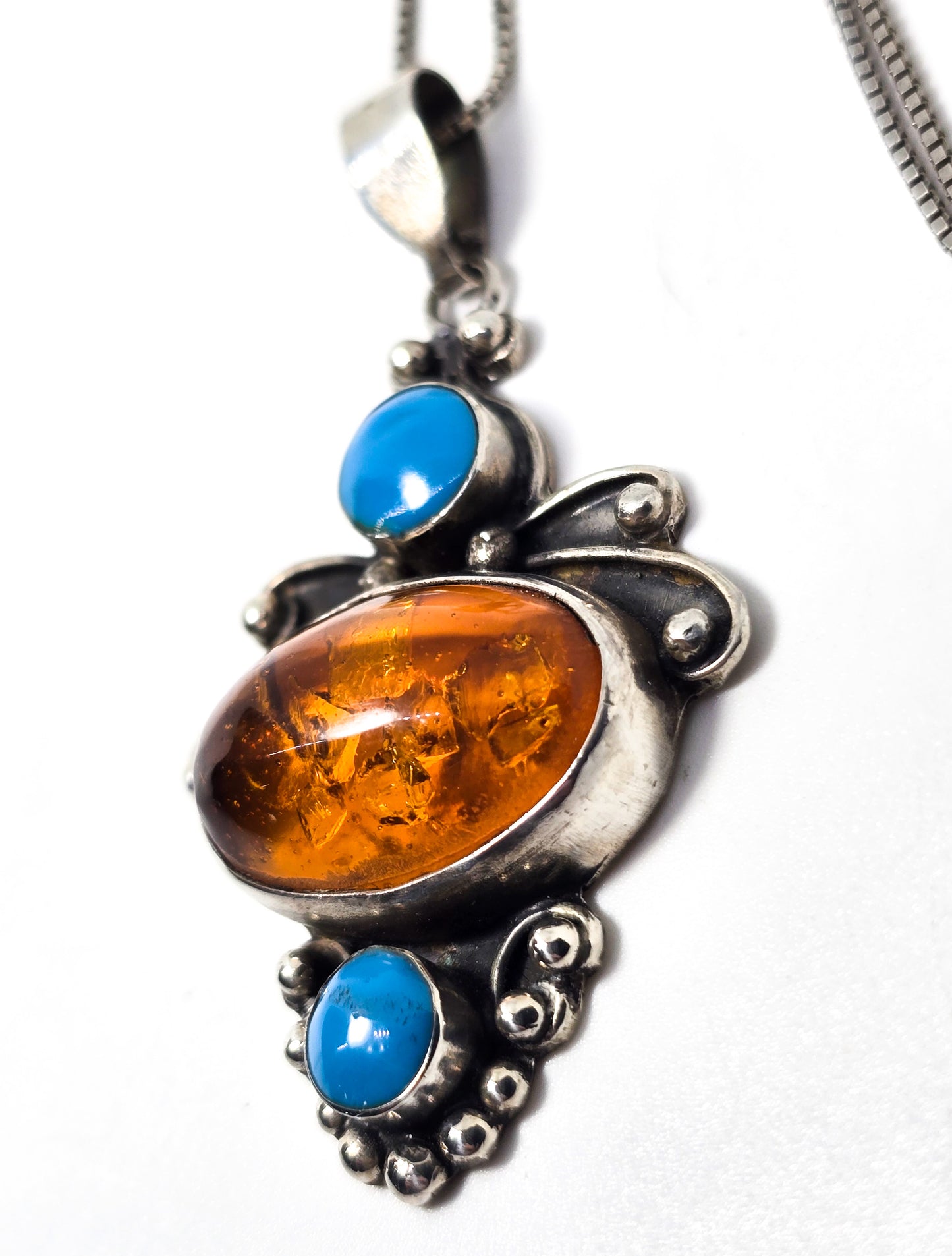 Turquoise and amber vintage tribal gemstone sterling silver pendant necklace