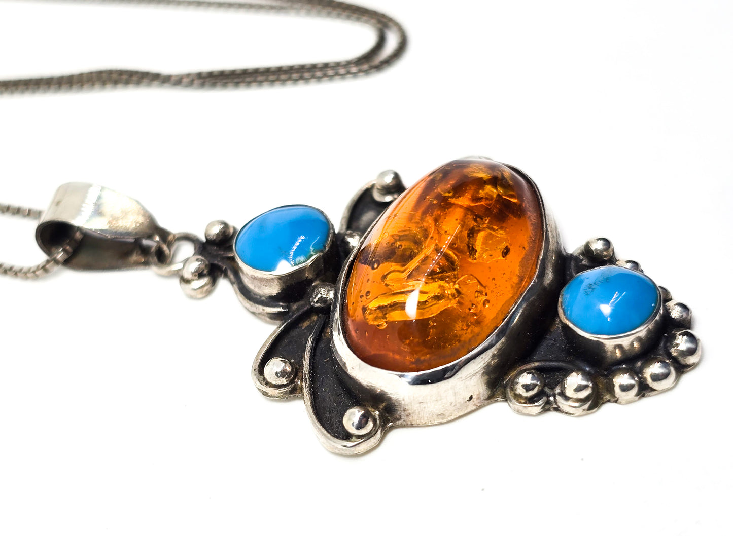 Turquoise and amber vintage tribal gemstone sterling silver pendant necklace