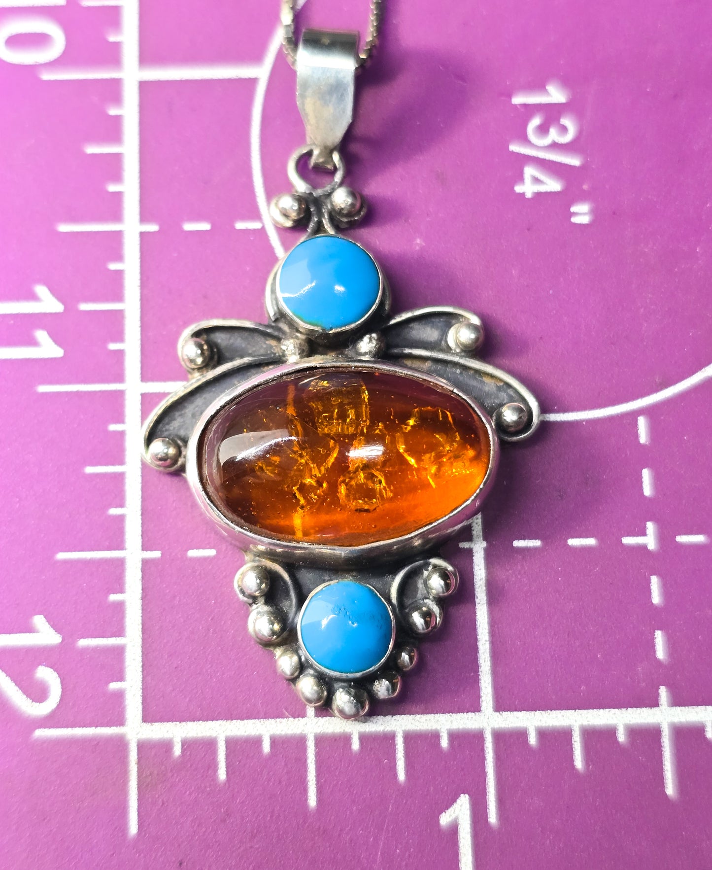 Turquoise and amber vintage tribal gemstone sterling silver pendant necklace