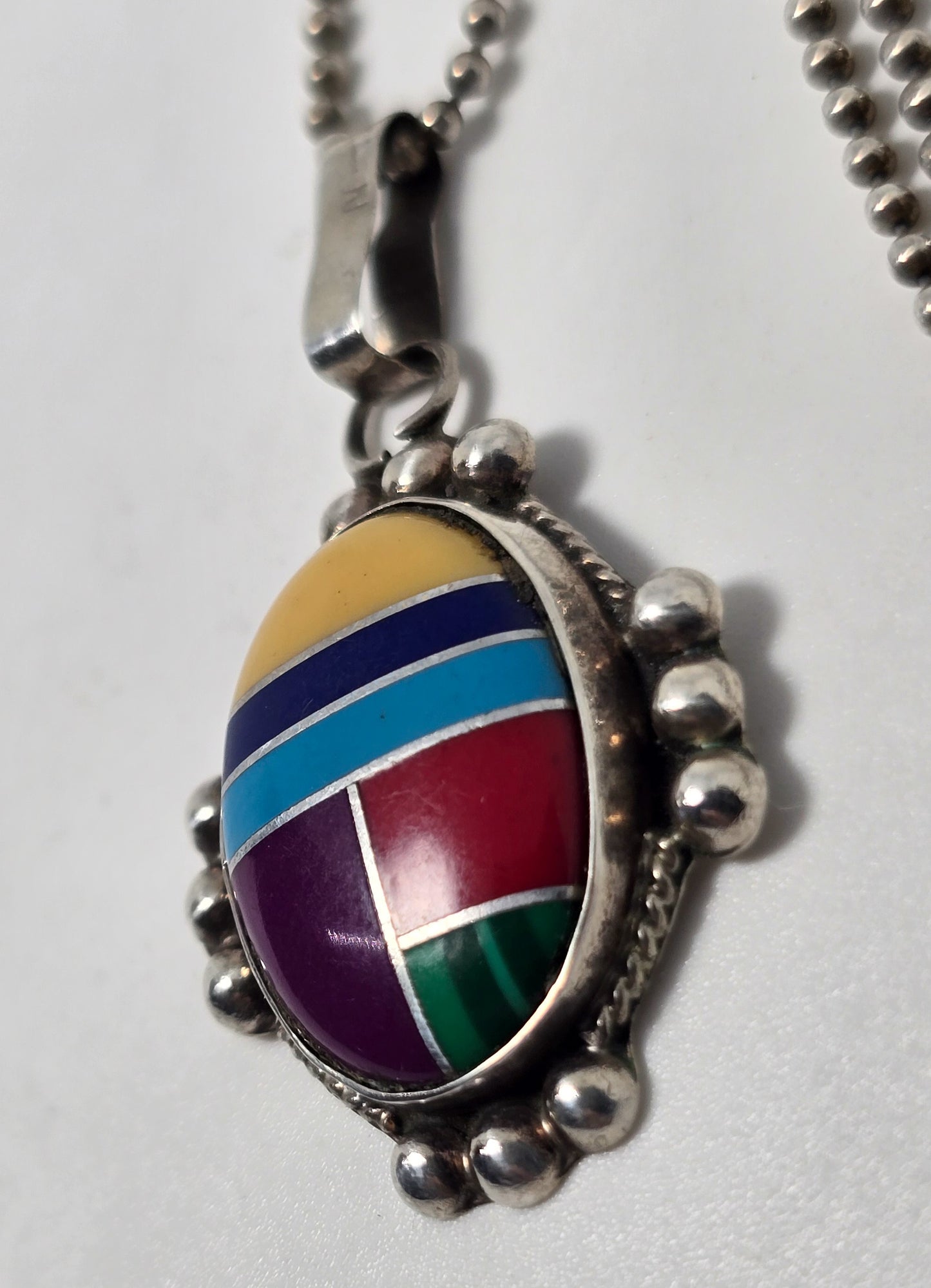 Zuni Turquoise gemstone inlay vintage Sterling Silver Mexico pendant necklace