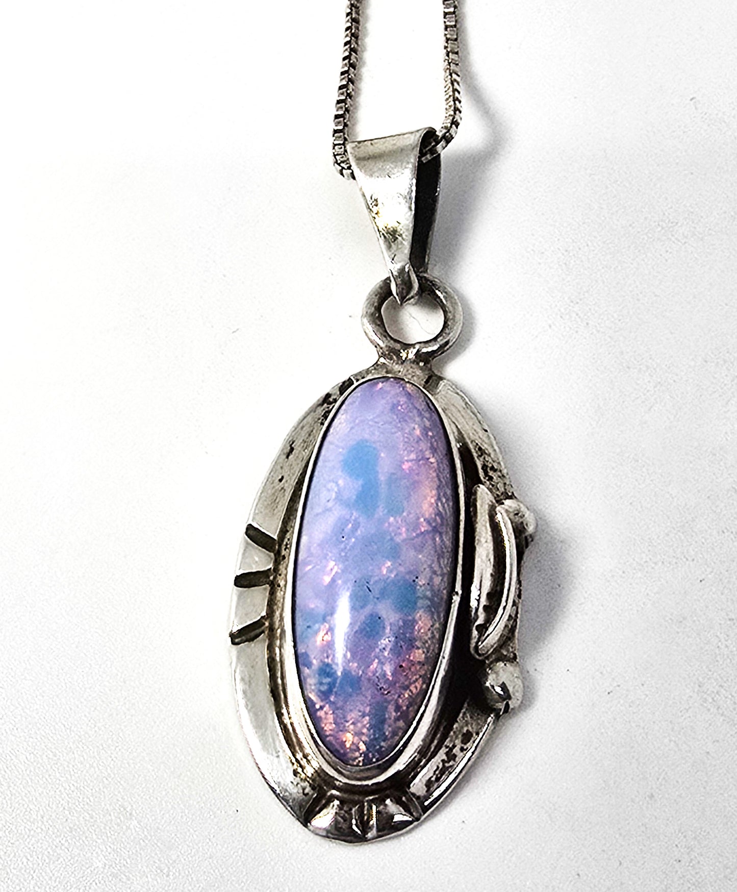 Dichroic glass Jelly Opal vintage sterling silver Mexican pendant necklace