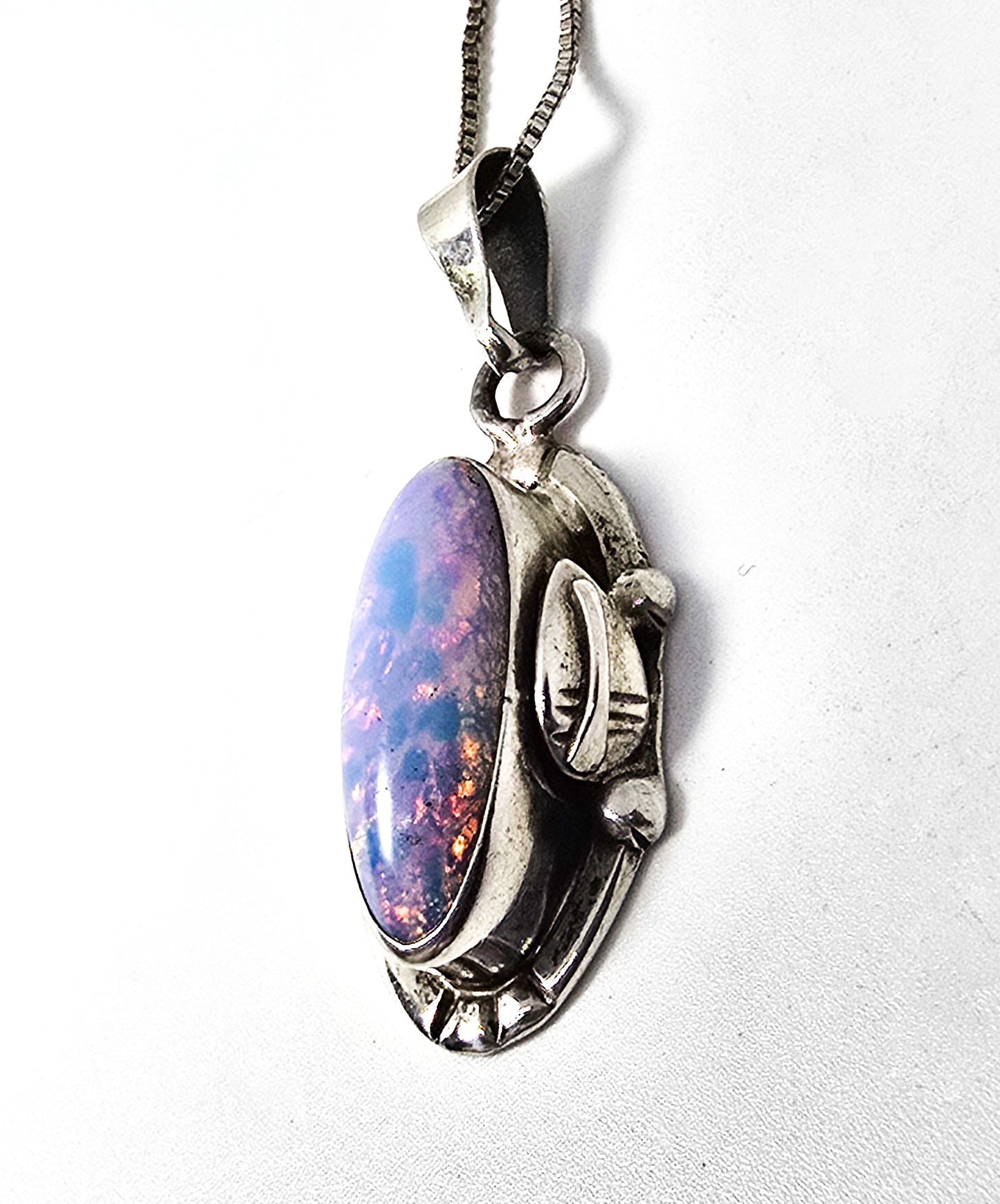 Dichroic glass Jelly Opal vintage sterling silver Mexican pendant necklace