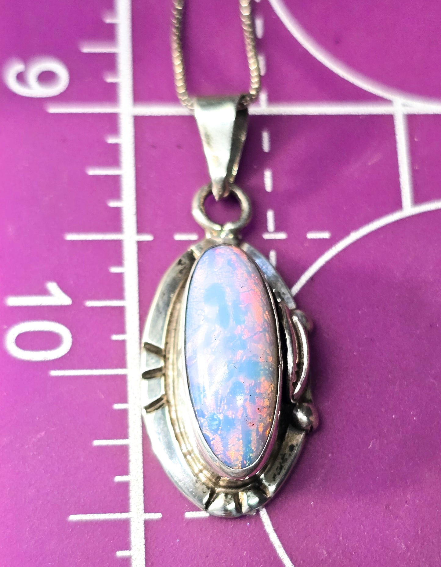 Dichroic glass Jelly Opal vintage sterling silver Mexican pendant necklace