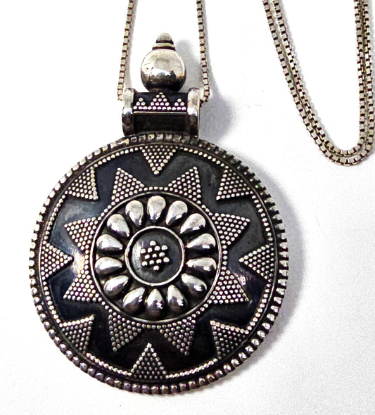 Large tribal Bali mandala vintage sterling silver pendant necklace