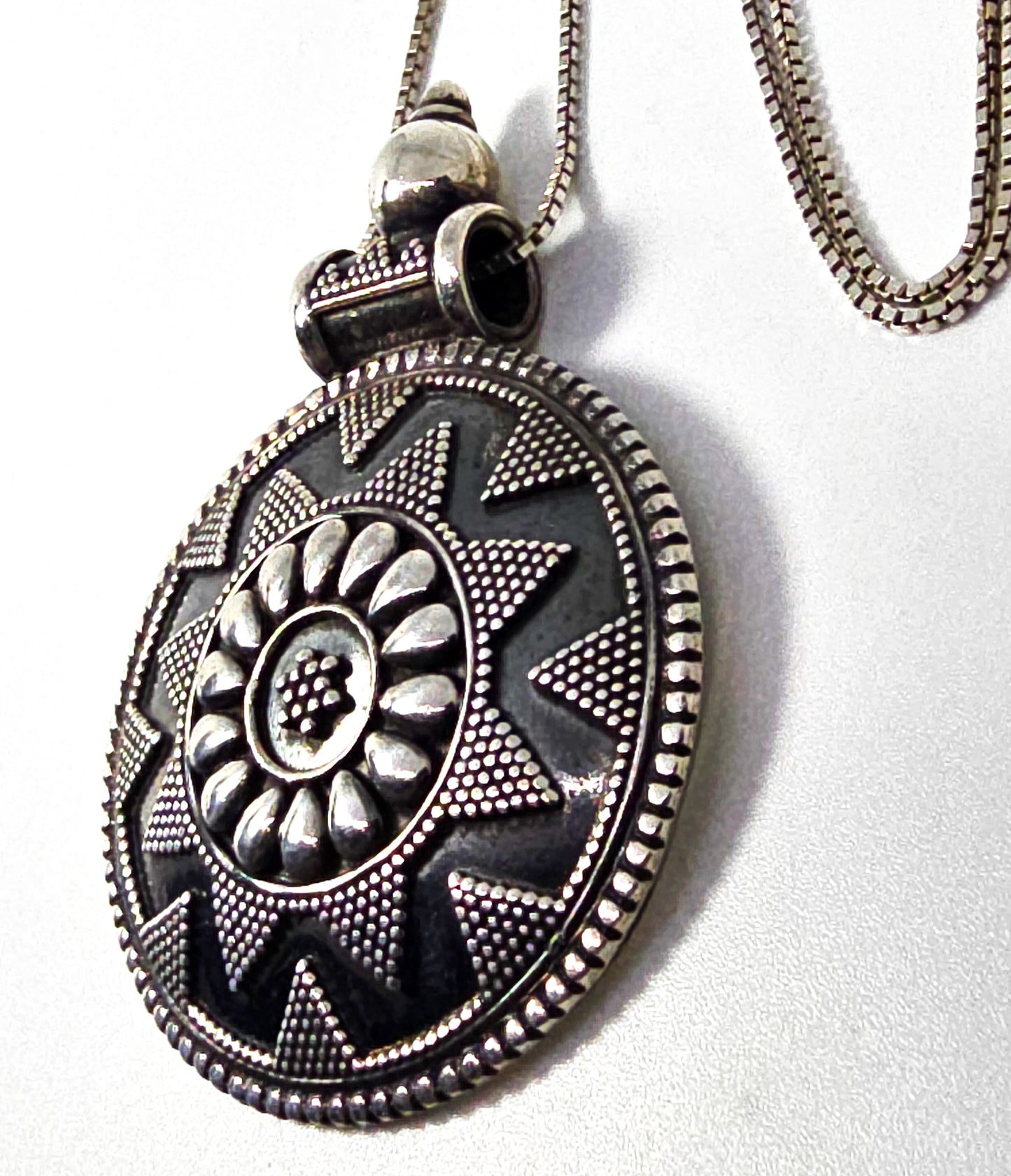 Large tribal Bali mandala vintage sterling silver pendant necklace