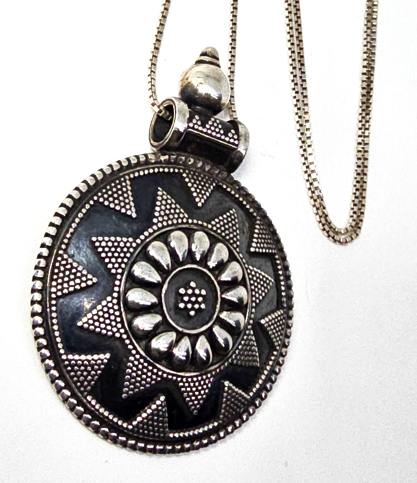 Large tribal Bali mandala vintage sterling silver pendant necklace