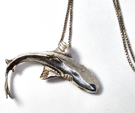 Great white shark solid sterling silver vintage retro surfer ocean pendant necklace