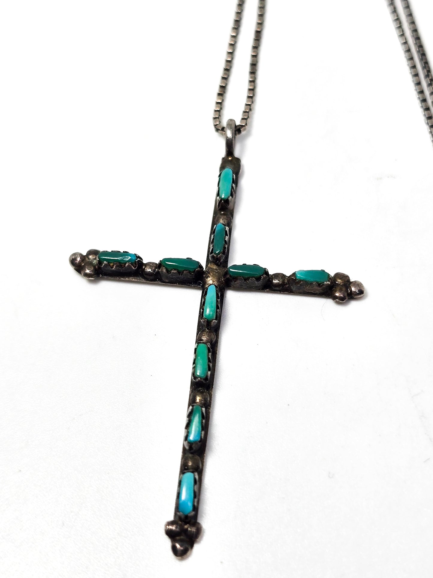 Native American Zuni petite point sterling silver vintage handcrafted cross necklace