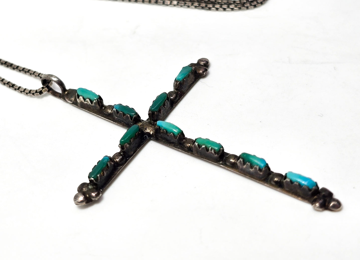 Native American Zuni petite point sterling silver vintage handcrafted cross necklace