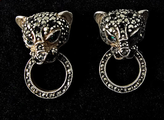 Giorgio Armani Panther Sterling Silver Marcasite vintage earrings Green Rhinestone Eyes