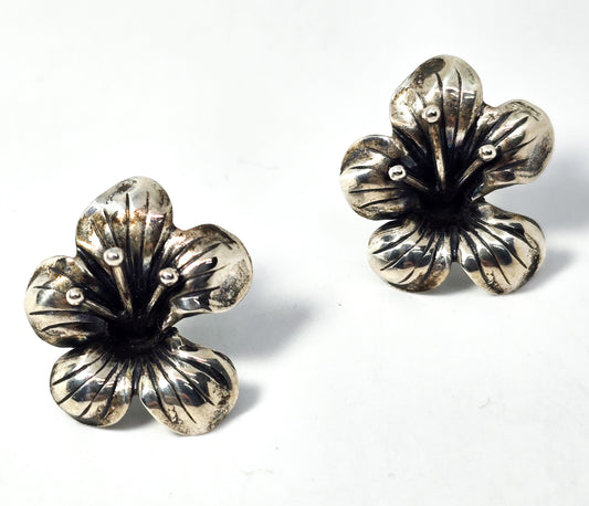 Beau sterling vintage hibiscus flower signed mid century post earrings