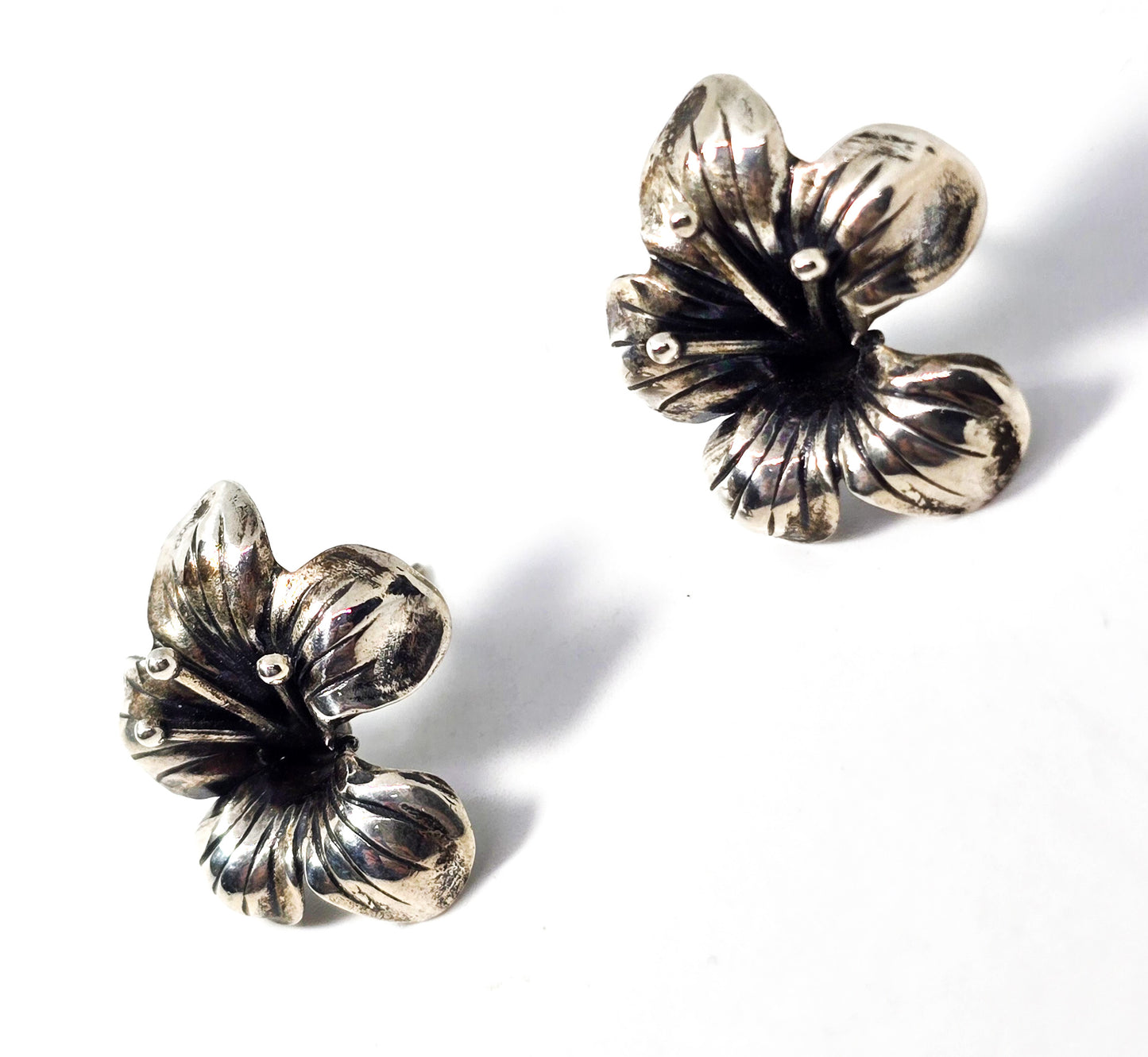 Beau sterling vintage hibiscus flower signed mid century post earrings