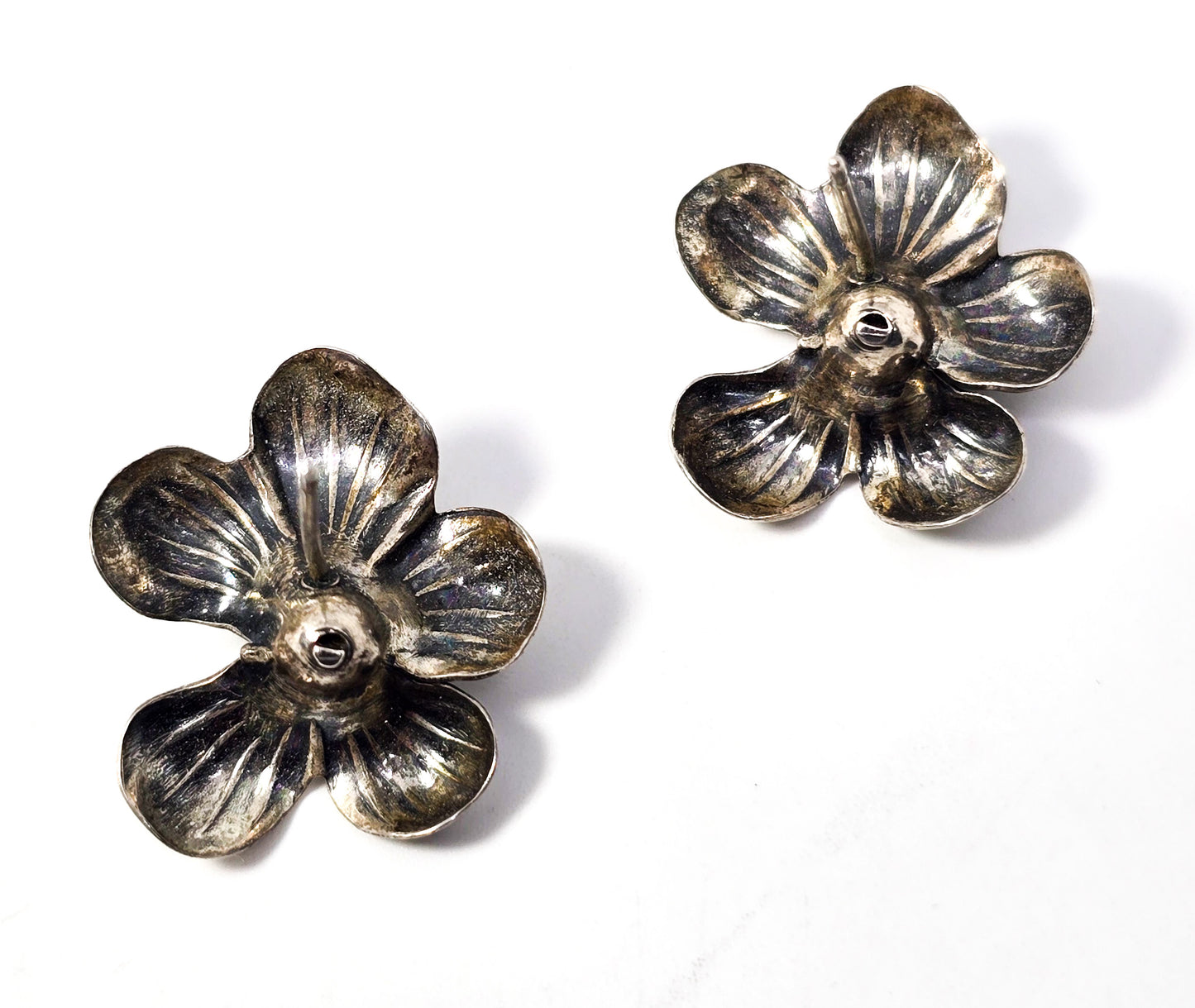 Beau sterling vintage hibiscus flower signed mid century post earrings