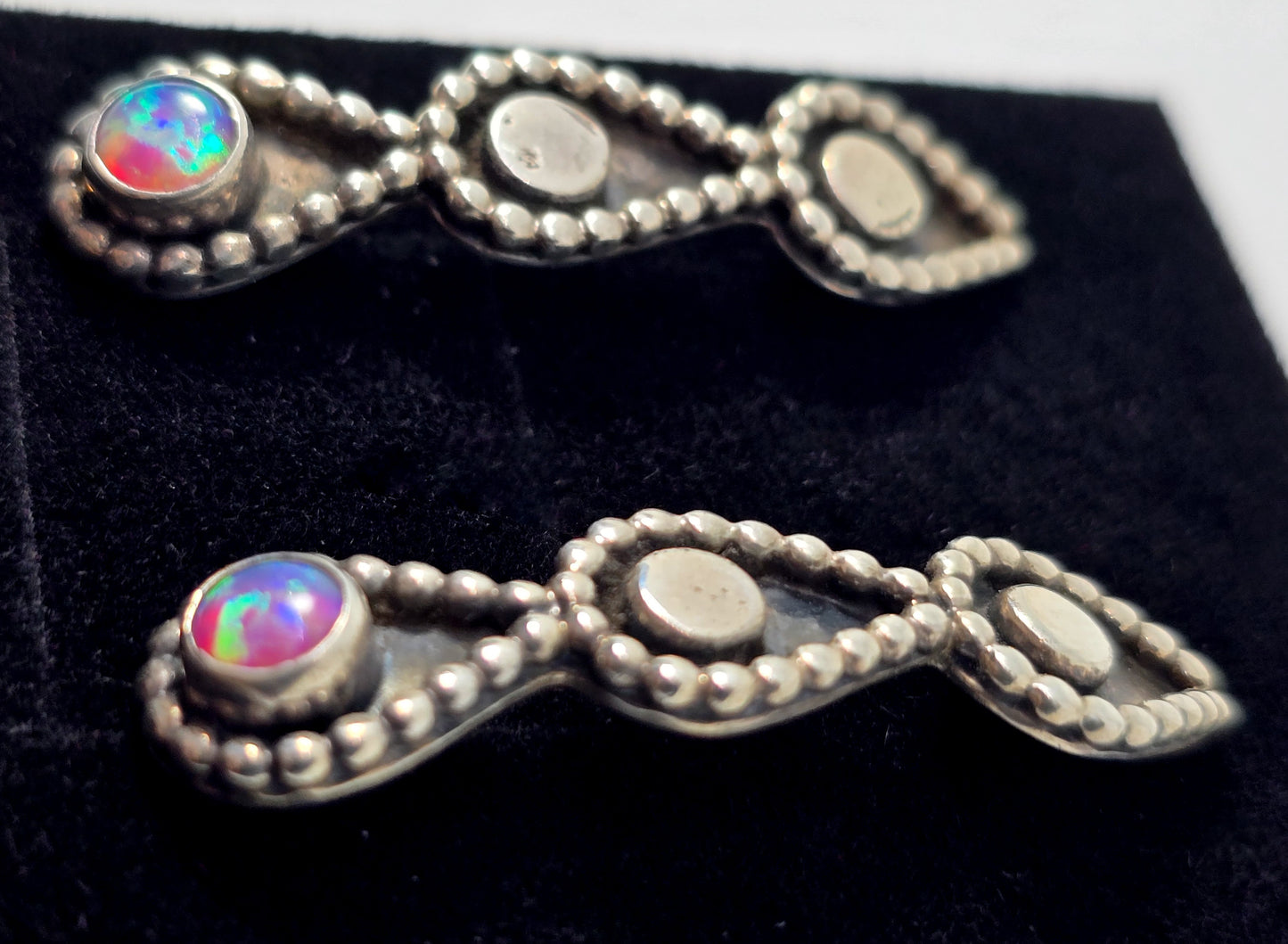 Pink Fire opal Navajo sterling silver half hoop large vintage earrings