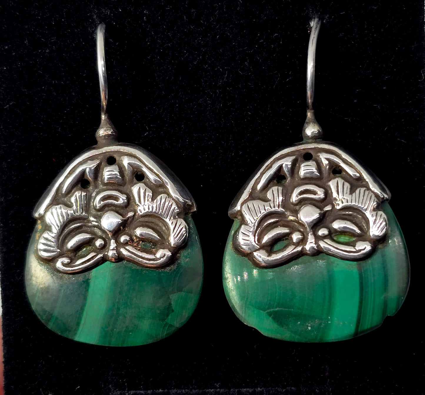 Malachite green gemstone vintage tribal Aztec mask sterling silver vintage earrings