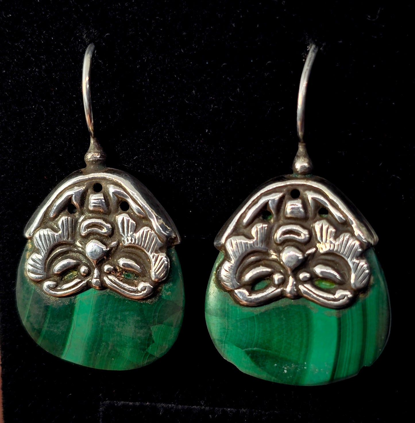 Malachite green gemstone vintage tribal Aztec mask sterling silver vintage earrings