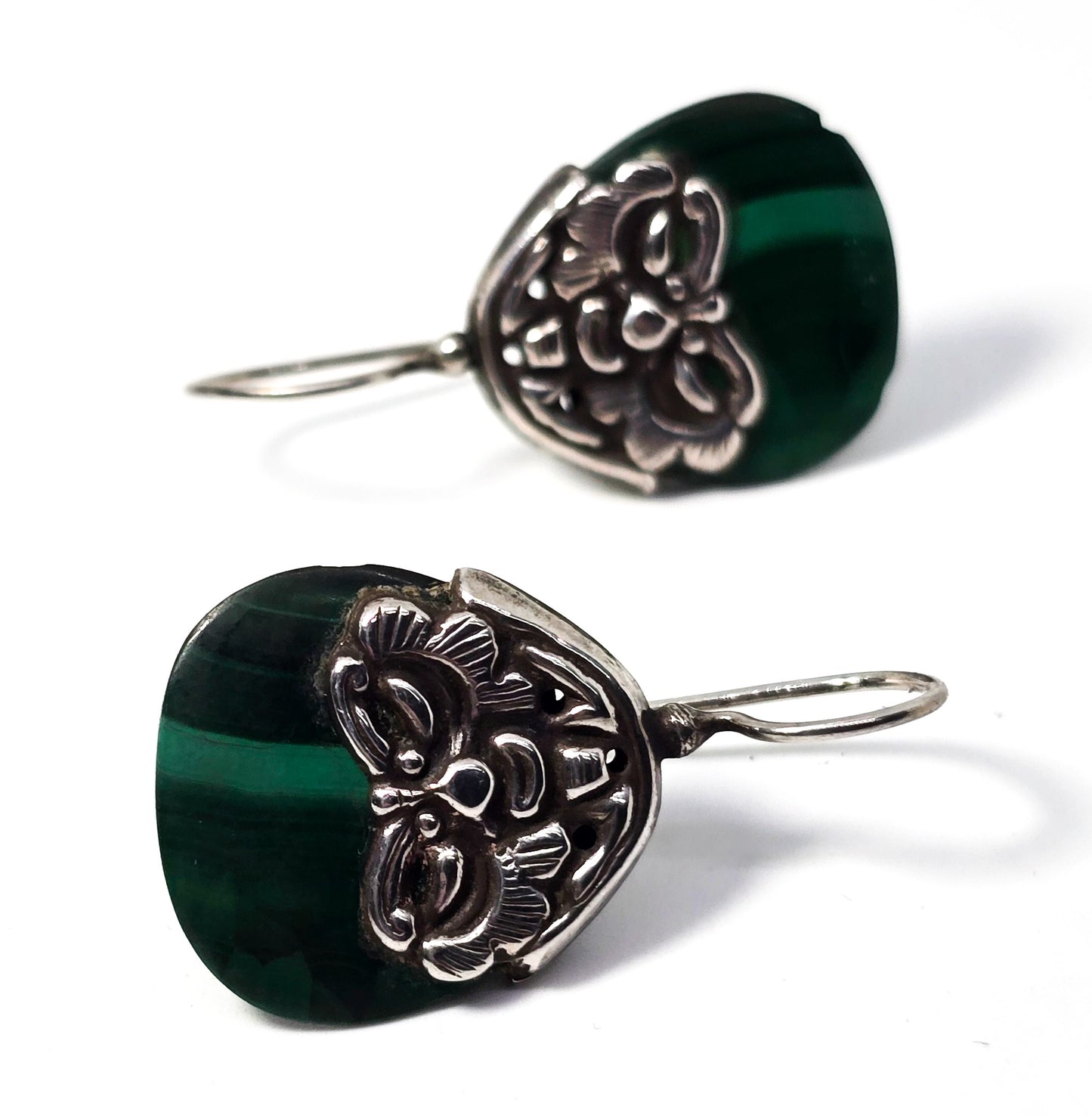 Malachite green gemstone vintage tribal Aztec mask sterling silver vintage earrings