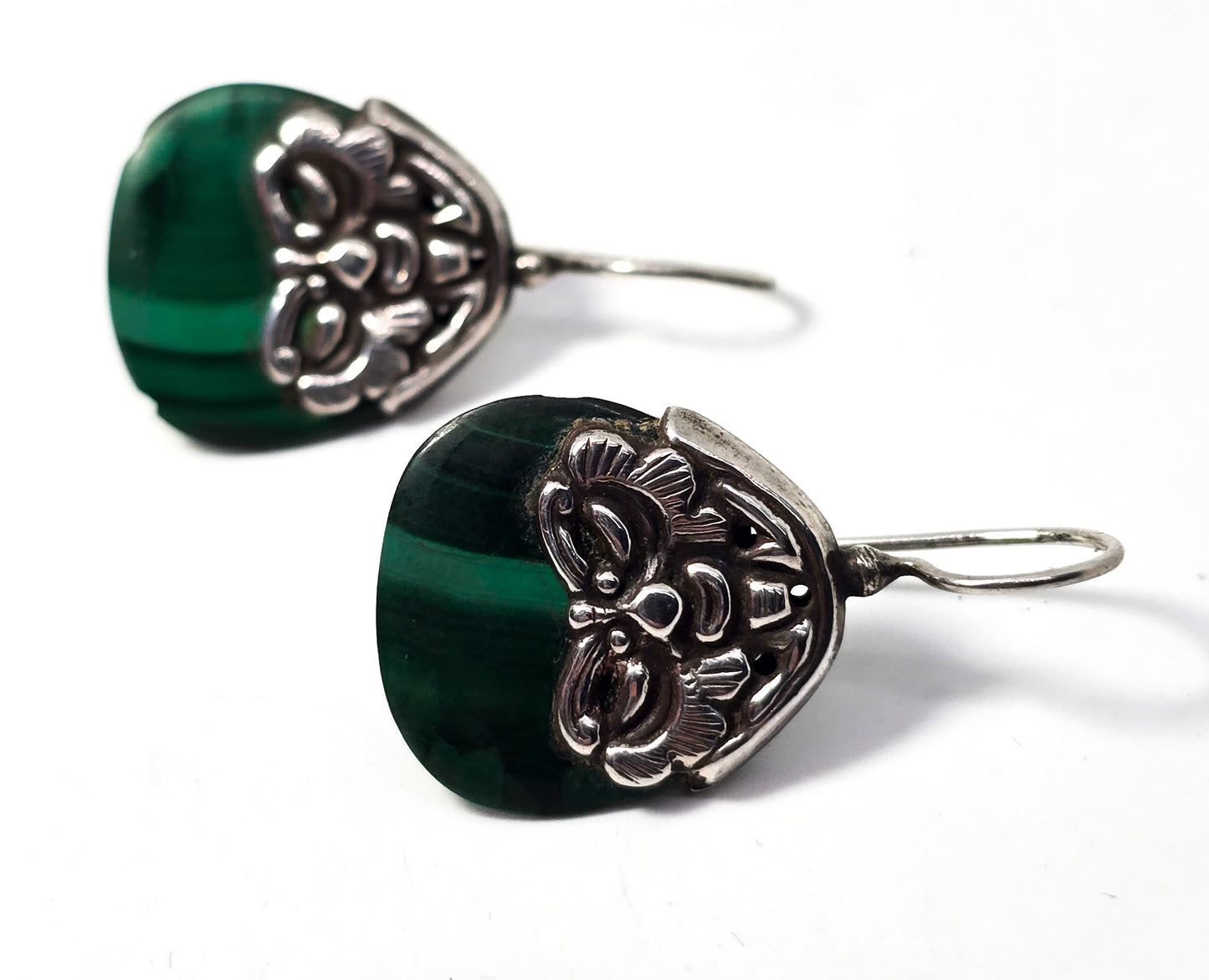 Malachite green gemstone vintage tribal Aztec mask sterling silver vintage earrings