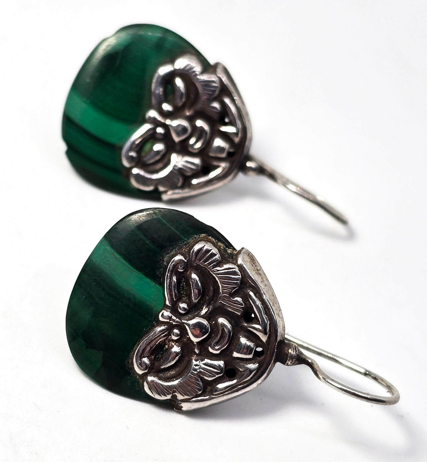 Malachite green gemstone vintage tribal Aztec mask sterling silver vintage earrings