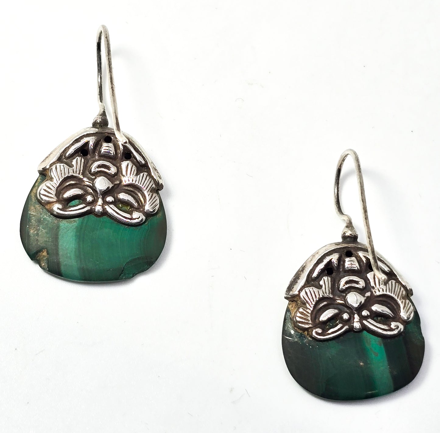 Malachite green gemstone vintage tribal Aztec mask sterling silver vintage earrings