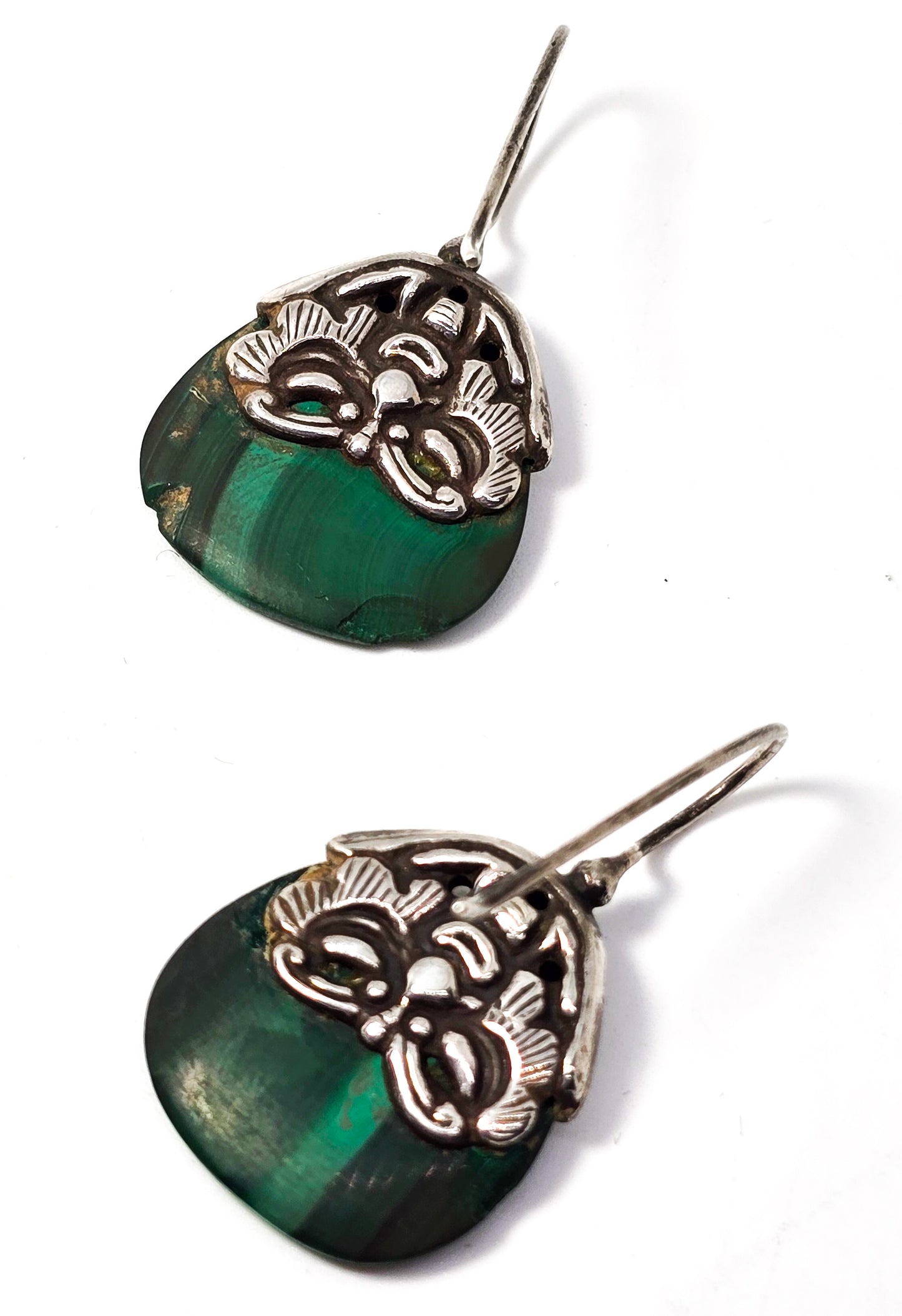 Malachite green gemstone vintage tribal Aztec mask sterling silver vintage earrings