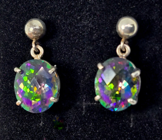 Mystic Topaz 10ct rainbow gemstone open work sterling silver post earrings