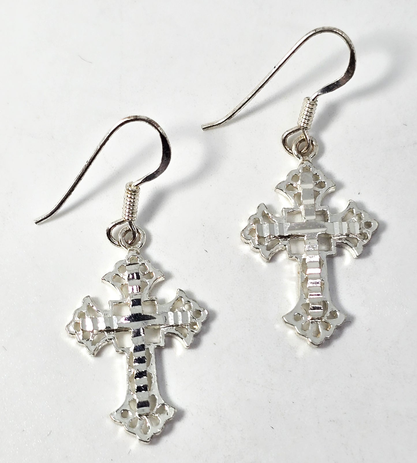 HAN filigree etched  Cross silver plated signed drop earrings