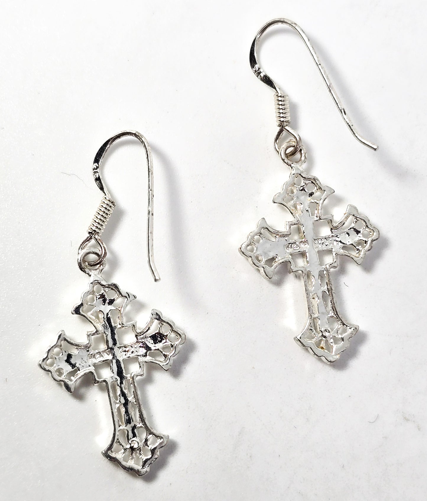 HAN filigree etched  Cross silver plated signed drop earrings