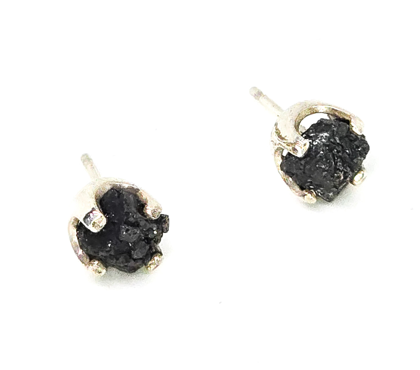 Raw Black Tourmaline prong set vintage sterling silver post stud earrings