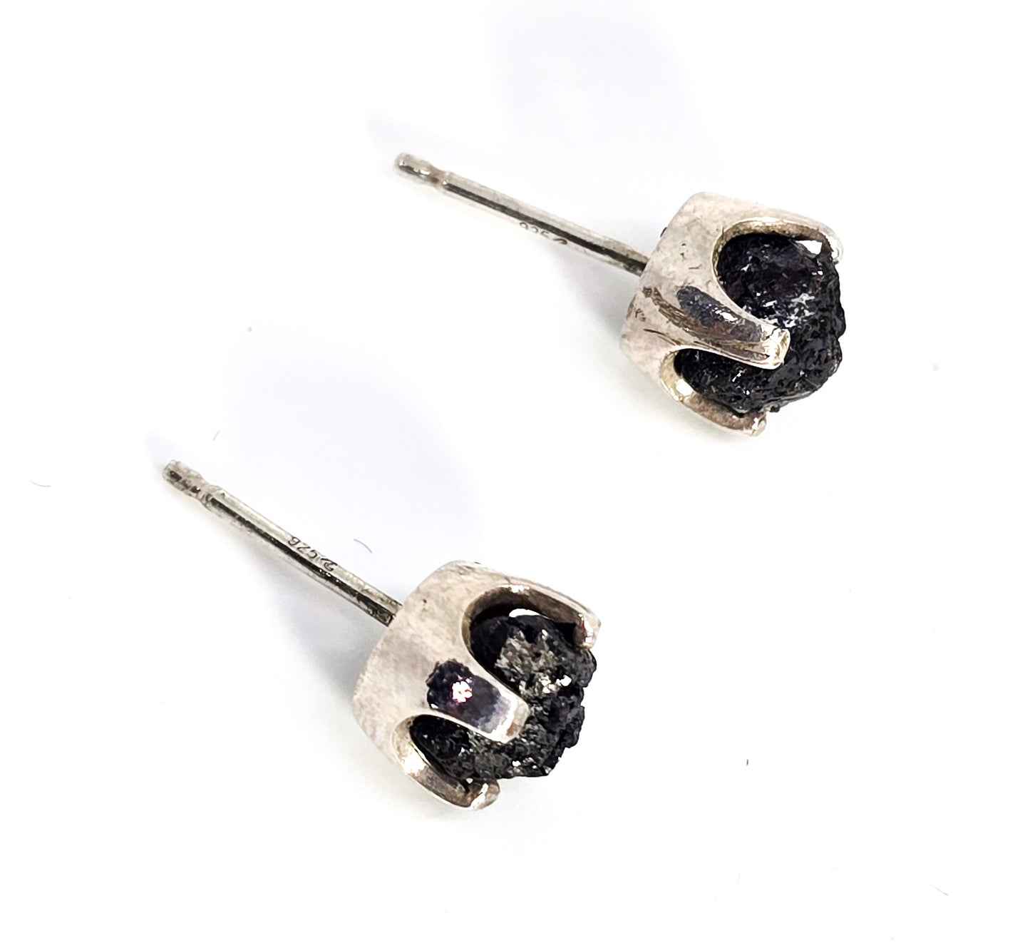 Raw Black Tourmaline prong set vintage sterling silver post stud earrings