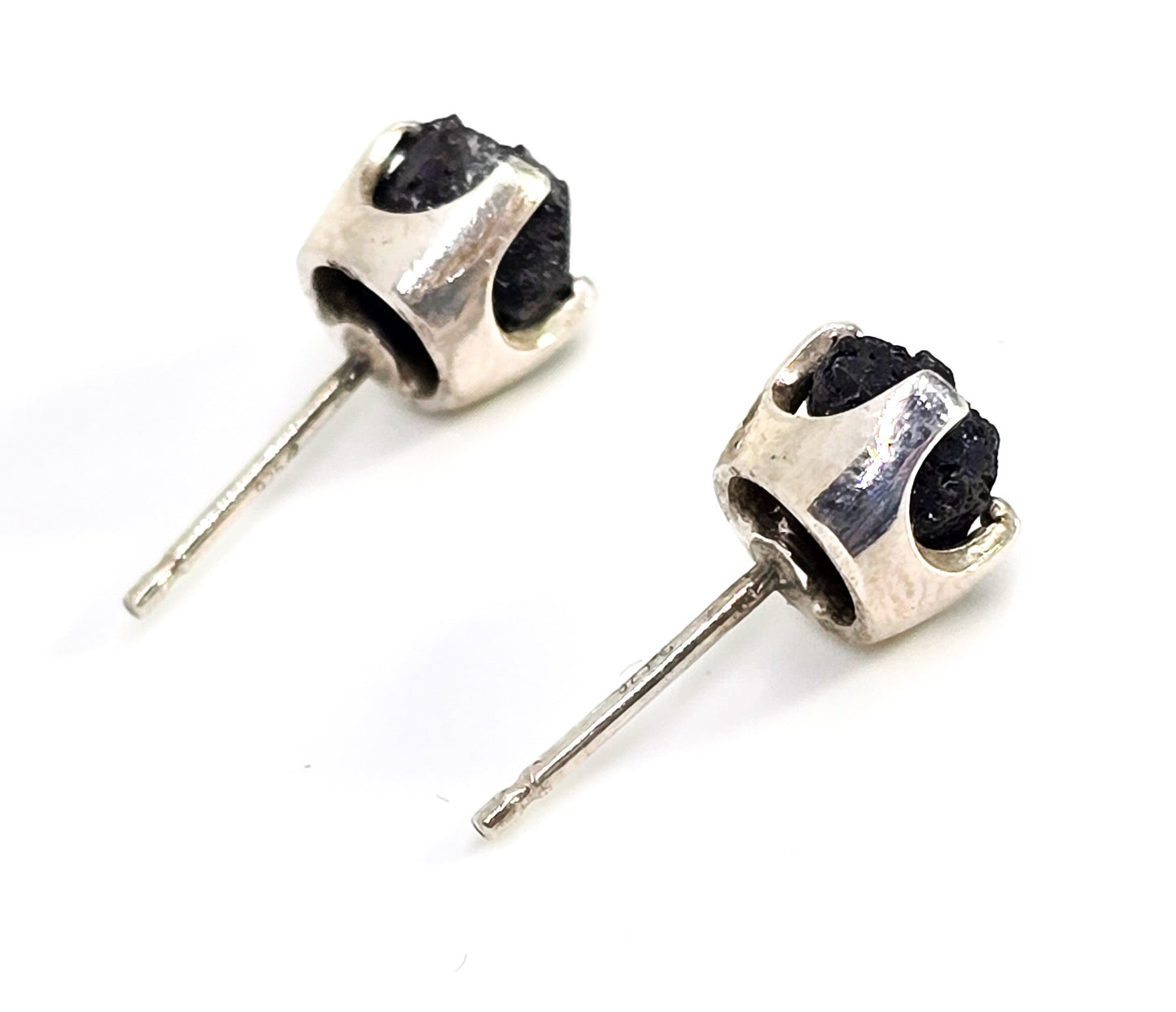 Raw Black Tourmaline prong set vintage sterling silver post stud earrings