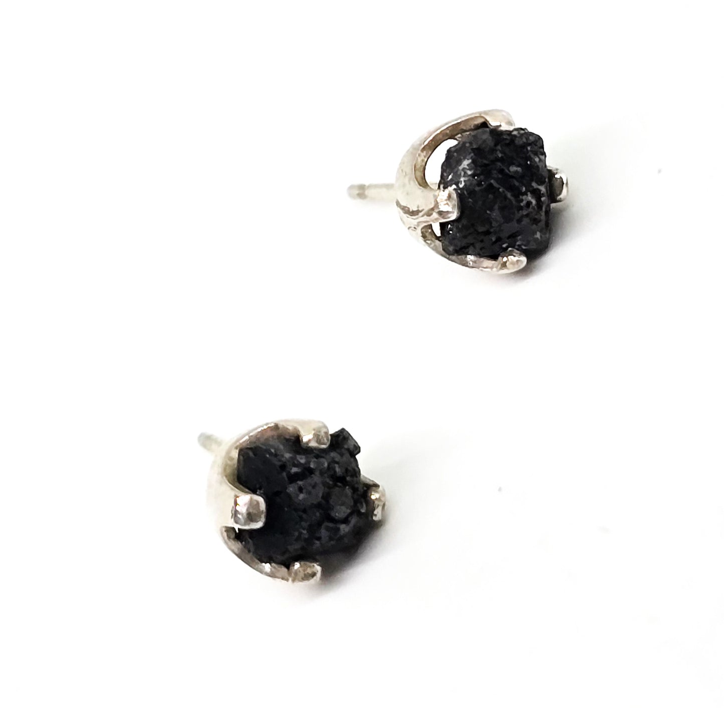 Raw Black Tourmaline prong set vintage sterling silver post stud earrings