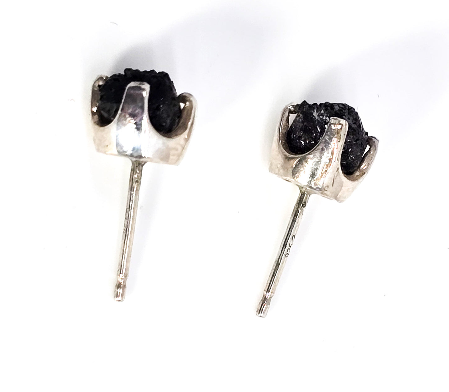 Raw Black Tourmaline prong set vintage sterling silver post stud earrings