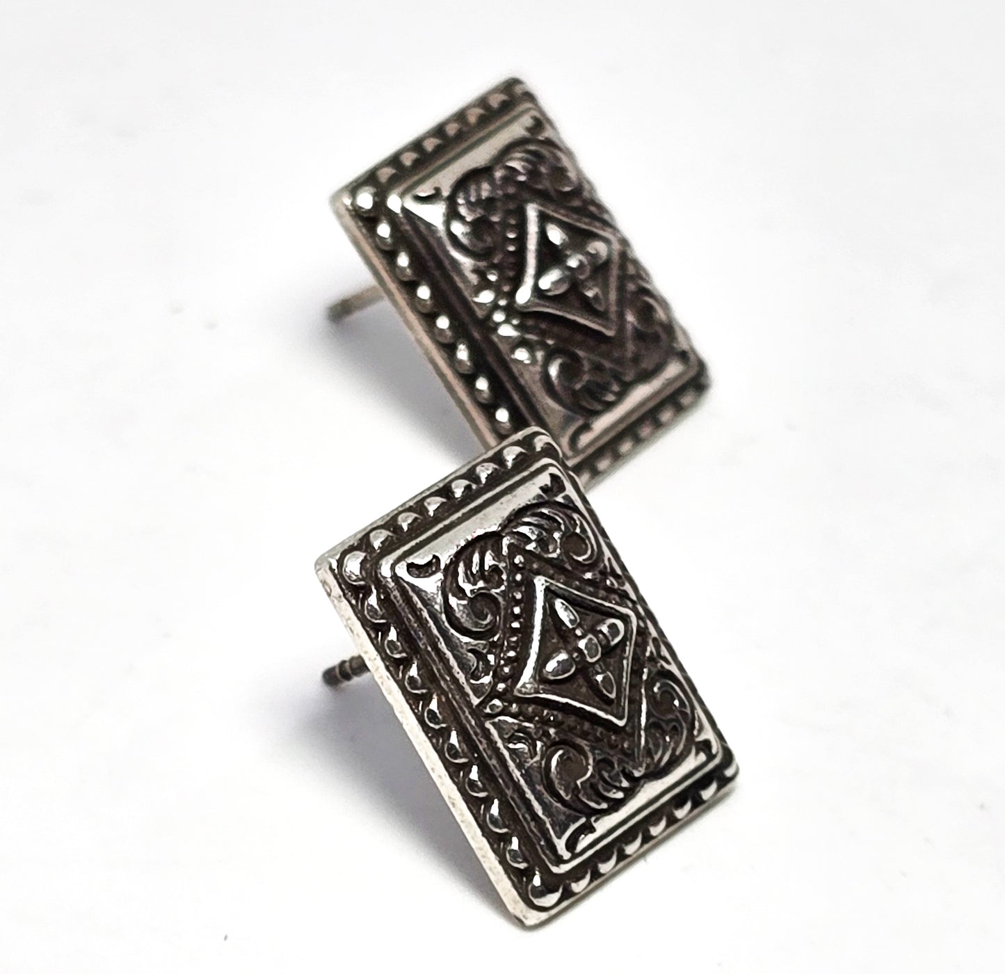 Brighton thick filigree silver toned rectangular signed stud post earrings