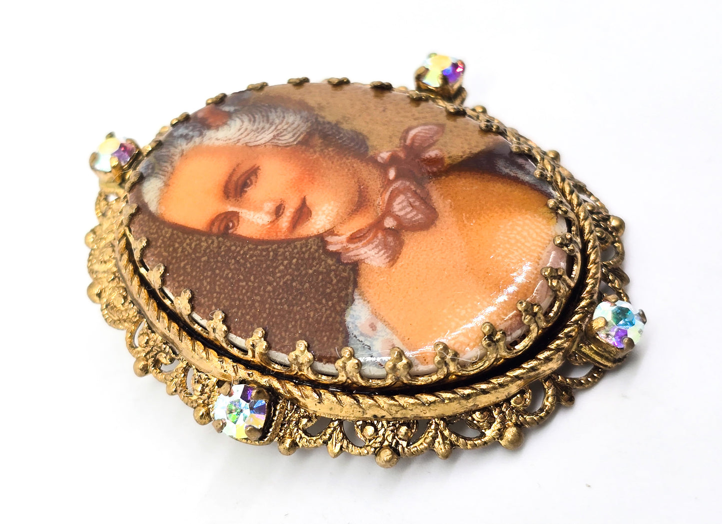 Marie Antionette Aurora Borealis rhinestone Western Germany vintage cameo brooch