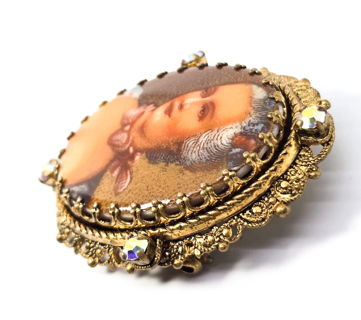 Marie Antionette Aurora Borealis rhinestone Western Germany vintage cameo brooch