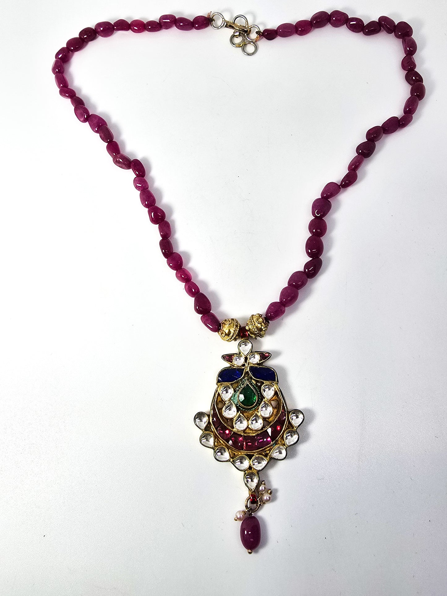 Hania hyderabadi Indian pink and green beaded pendant necklace