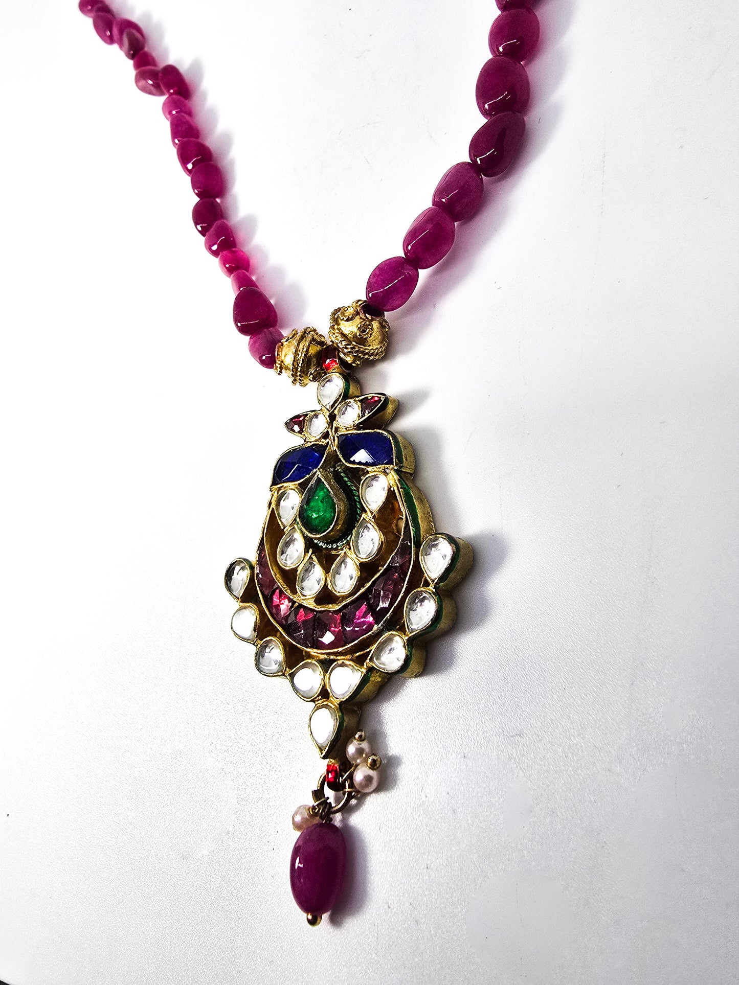 Hania hyderabadi Indian pink and green beaded pendant necklace