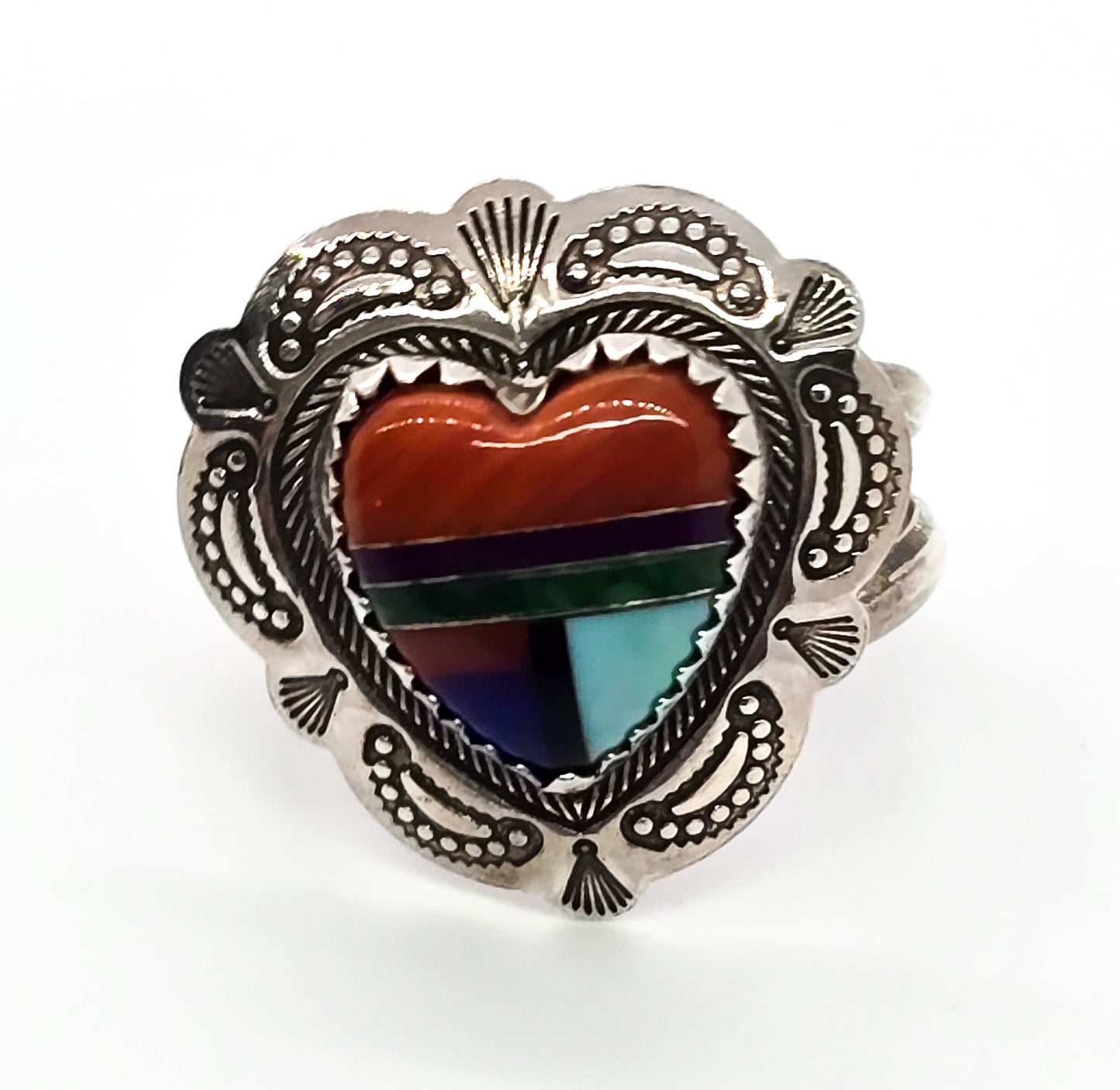 QT Inlay Zuni heart Native American vintage sterling silver concho ring size 6